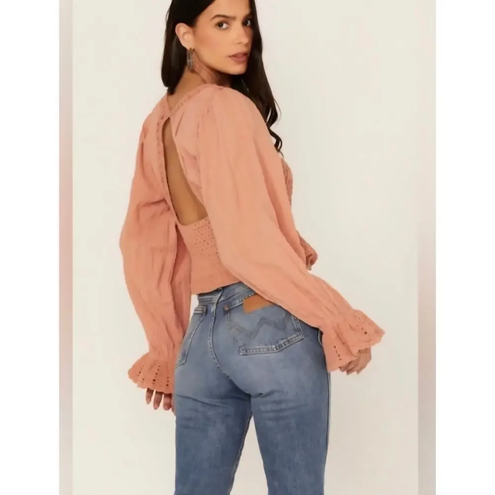 Free People Megan Crochet Peplum Blouse Open Back Boho Top Terracotta Gauze S